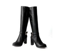 ENWIND Femme Bloc Talon Genou Haut Bottes Fermeture Éclair Bottes De Motos Boucle Sangle PU Cuir Bottes Longues,Noir,39 EU