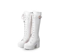 ENWIND Femme PU Cuir Bottes Hautes Au Genou À Lacets Gothiques Punks Boots Hiver Talon Bloc Plateforme Bottes Militaire,Blanc,39 EU