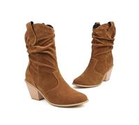 ENWIND Femme Western Bottes De Cowboy Mi-Mollet avec Talon Épais Chaussures De Cowgirl en Suède,Marron,40 EU