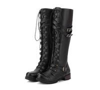 ENWIND Femmes À Lacets Gothiques Punks Boots Bas Talon Large Longues Mollet Motard Bottes Militaires Plate Hiver Le Genou Bottes Hautes en Cuir,Noir,42 EU