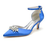 ENWIND Femmes Bas-Talon Bout fermé Escarpins à Bretelles Strass Sangle de Cheville Mariage Chaton Talons,Bleu,40 EU