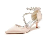 ENWIND Femmes Fermé Bout Pointu Escarpins De Mariée Strass Chaton Talons Haut pour Mariage Soirée avec Sangle de Cheville,Champagne,36 EU