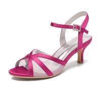 ENWIND Sandales À Talons Chatons en Satin avec Sangle De Cheville pour Femme Bout Rond Talons Bas Confortables Chaussures De Fête,Rose Red,42 EU