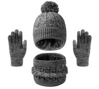 Enwokran Enfant Bonnet Écharpe et Gants Ensemble,Polaire Snood Bonnet Chapeaux avec Pompon Polaire Doublé Chauffe-Cou Écharpe et Gants Écran Tactile pour Fille Garçon 5-12 (Z_Noir)