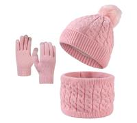 Enwokran Enfant Bonnet Écharpe et Gants Ensemble,Polaire Snood Bonnet Chapeaux avec Pompon Polaire Doublé Chauffe-Cou Écharpe et Gants Écran Tactile pour Fille Garçon 5-12 (Rose)