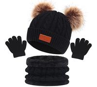 Enwokran Enfant Hiver Bonnet Echarpe Gants Ensemble, 3PCS Polaire Snood Bonnet Chapeau avec Pom Détachable Tricoté Tour de Cou Chaud avec Doublure Gants pour Fille Garçon 2-6 ans (Noir)