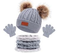 Enwokran Enfant Hiver Bonnet Echarpe Gants Ensemble, 3PCS Polaire Snood Bonnet Chapeau avec Pom Détachable Tricoté Tour de Cou Chaud avec Doublure Gants pour Fille Garçon 2-6 ans (Gris)