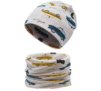 Enwokran Enfants Garçons Filles Bonnet écharpe Tube Set Différents Motifs Matériau Doux Stretch Entretien Facil pour 3-8 Ans (Voiture-Beige)