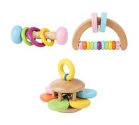 Enwye Hochet en bois, instruments de percussion, trois formes, anneau, poignée en forme de fleur, portable pour jeu créatif, exploration musicale
