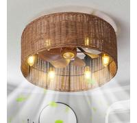 ENXING Ventilateur De Plafond En Rotin Avec Lumière Et Télécommande 50cm Lampe De Plafond En Bambou Avec Minuterie À 6 Vitesses Pour Chambre À Coucher Salle À Manger Cuisine E12*6 (ampoule Non Incluse