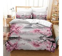 ENYISIYULO Housse De Couette Fleurs de Cerisier 3Pcs Mont Fuji Mode Unique 3D Imprimé Microfibre Parure De Lit avec 2 Taie d'oreiller pour Garçons Et Filles King(220x240cm)
