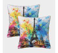 ENYISIYULO Impression 3D Housse Coussin La Tour Eiffel Lot De 2 Décoratif Taie d'oreiller La Tour Eiffel en Couleur Carrées Taie d'oreiller pour Lit Voiture De La Maison Canapé Salon 45x45cm