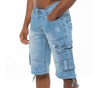 Enzo Bermudas Cargo Combat en Jean Poches, Longueur Genou, Bleu/Gris