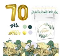 EOAMGO Lot de 20 serviettes « Happy Birthday » + 100 confettis d'anniversaire dorés verts + ballons de 80 cm en or 70 ans + 1 nappe jetable pour anniversaire 130 x 220 cm (70)