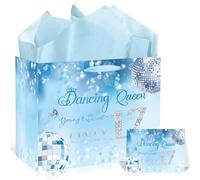 EoBeCy Ensemble de sacs cadeaux pour 17e anniversaire pour filles, Dancing Queen Young & Sweet Only 17 avec papier de soie et carte de vœux, fournitures de fête pour 17e anniversaire