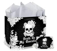 EoBeCy Sac cadeau pour 30e anniversaire, sacs cadeaux « Death to My Twenties » avec poignées, papier de soie et carte, papier cadeau noir motif tête de mort pour elle, lui, décorations d'anniversaire