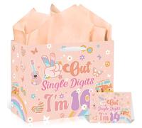 EoBeCy Sacs cadeaux pour 10e anniversaire pour filles, sac cadeau Peace Out Single Digits I'm 10 avec papier de soie et carte de vœux, papier cadeau groovy pour fille de 10 ans
