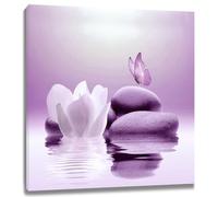 EOBTAIN Toile murale encadrée zen violette avec fleur de nénuphar et papillon sur la place du lac - Décoration murale pour salle de bain, salon, chambre à coucher, yoga, spa - 30,5 x 30,5 cm