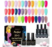Eocci gel poli ongles set 20 couleurs, lot de 3 finitions brillantes et mates et Apprêts, hot pink Yellow Jelly Neon Red Glitter Powder Black Glitter Color gel Polish set