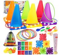 Eocolz 49 pièces Jeux de Carnaval en Plein Air pour Enfants avec Lumière LED, Cônes en Plastique Parcours d'Obstacles Sacs de Haricots Balles, Jeu de Lancer d'Anneaux, Jeu de Pelouse, Cadeau pour Fête