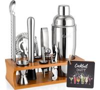 Eocolz Cocktail Shaker Kit, INOX Ensembles de Bar Cocktail Set, 17Pièces Cocktails Ensemble-Cadeau, Shaker à Cocktail Kit Barman avec Cadre en Bois (Marron Argent)