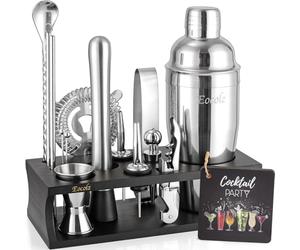 Eocolz Cocktail Shaker Kit, INOX Ensembles de Bar Cocktail Set, 17Pièces Cocktails Ensemble-Cadeau, Shaker à Cocktail Kit Barman avec Cadre en Bois (Noir Argent)