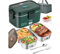 Eocolz Lonchera Eléctrica Boîte à déjeuner électrique 100 W avec double récipient de 1,8 l pour voiture, camion, travail fourchette et cuillère en acier inoxydable 12/24/110 V pour adultes (green)