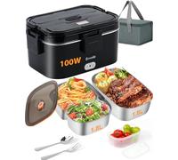 Eocolz Lonchera Eléctrica Boîte à déjeuner électrique 100 W avec double récipient de 1,8 l pour voiture, camion, travail fourchette et cuillère en acier inoxydable 12/24/110 V pour adultes