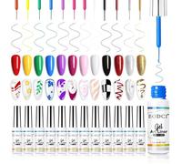 EODCI 12pcs Vernis Semi Permanent, Noir Rouge Rose Jaune Vert Liner Gel Nail Art Pailleté Vernis à Ongles Soak Off UV pour La Peinture au Trait Nail Art Design Vernis Liner