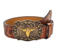 Eohak Ceinture western en cuir PU pour hommes et femmes, cowgirl, motif de taureau longhorn, boucle gravée pour unisexe, marron, Für 91-102 cm Taille