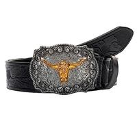 Eohak Ceinture western en cuir PU pour hommes et femmes, cowgirl, motif Longhorn Bull, boucle gravée, ceinture unisexe, Noir , Für 91-102 cm Taille