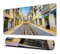 EOMKSE Grand Tapis de Souris de Jeu,Rues et Tramway de la Vieille Ville de Lisbonne Portugal.,avec Bords surpiqués et Dos antidérapant,sous-Main pour Clavier et Souris,40x75 cm