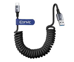 Eonvic CarPlay Câble spiralé tressé USB A vers USB C 45 W pour iPhone 15/16 Pro Max Galaxy S24/S23/S22 (noir, spiralé, 40 cm)