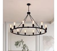 Eoodis Lustre Suspendu Noir à 12 Ampoules Style Suspension Luminaire Rustique Campagne avec Roue de Chariot Hauteur Réglable Diamètre 100 cm, pour Salle à Manger, Cuisine, Salon, Chambre à Coucher