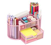 EOOUT Accessoires de bureau rose, porte-stylos pour bureau, organiseur de bureau en maille avec 8 compartiments et 1 tiroir pour bureau, maison, école, salle de classe