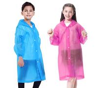 EOPUOZS 2 Pièces Poncho de Pluie Imperméable pour Enfant, Réutilisable et Étanche, EVA Poncho de Pluie avec Capuche pour Garçons Filles, Idéaux pour Randonnée, Vélo, Camping et Voyages (Bleu + Rose)