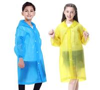 EOPUOZS 2 Pièces Poncho de Pluie Imperméable pour Enfant, Réutilisable et Étanche, EVA Poncho de Pluie avec Capuche pour Garçons Filles, Idéaux pour Randonnée, Vélo, Camping et Voyages (Bleu + Jaune)