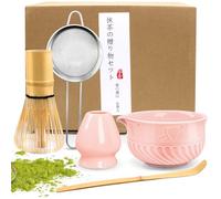 EOPUOZS 5 Pièces Matcha Kit, Ensemble à matcha Japonais, Avec Bol Matcha Bec Verseur, Cuillere Matcha, Fouet a Matcha, Support de Fouet à Matcha, Tamis à Matcha, pour les Amateurs de thé(Rose)