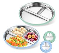 EOPUOZS Assiette en Acier Inoxydable pour Bébé, Lot de 2 Assiettes à Ventouse pour Bébé, Incassable, Assiette Divisée Antidérapante pour Chaises Hautes, Plateau et Tables (Bleu+Vert)