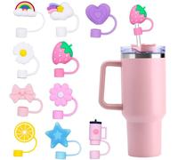 EOPUOZS Lot de 10 jolis accessoires pour paille Stanley, capuchons de paille en silicone de 10 mm en 10 motifs différents, anti-poussière et réutilisables, compatibles avec les gobelets de 10 oz
