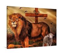 Eorntdy Art mural sur toile - Lion, agneau et croix - Impression sur toile - Art mural encadré - Prêt à accrocher - Pour salon, salle à manger, chambre à coucher, salle de bain - 30,5 x 45,7 cm