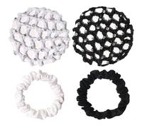 EORPAVU Accessoires à chignons, 2 morceaux de filets à cheveux à pois et 2 morceaux de petits élastiques de couleur unie pour aides à la coiffure (blanc, noir)