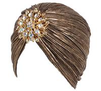 EORUBE Chapeau Turban Vintage avec Broche Cristal Plume Turban Headwraps pour 1920s Gatsby Costume Cocktail Party (Or foncé)