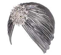 EORUBE Chapeau Turban Vintage avec Broche Cristal Plume Turban Headwraps pour 1920s Gatsby Costume Cocktail Party (Argenté)