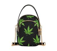 EOSDT Aquarelle Feuilles Vertes Noir Femmes Sac à Main Bandoulière Chaîne Sac à Main Téléphone Portable Imprimé Floral Zipper Lady Bowler Satchel, 15 cm × 21,1 cm × 7,9 cm