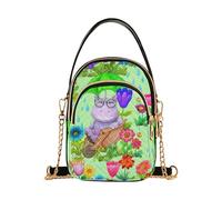 EOSDT Sac à main mignon drôle hippopotame vert une épaule femme chaîne sangle sac à main téléphone portable imprimé floral fermeture éclair sac bowler sac à bandoulière, 15 cm × 21,1 cm × 7,9 cm