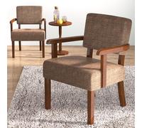 EOSVALO Ensemble de Trois Fauteuil à accoudoirs en Bois Solide, Fauteuils de Salon Moderne de Milieu de siècle, Confortable pour Salon/Bureau/étude (Lin Marron, 2 Chaises et 1 Table)