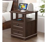 EOSVALO Table d'appoint avec Station de Charge USB C Rapide, Table d'appoint pour canapé de 45,7 cm de Large avec 2 tiroirs, Grand Meuble de Rangement en Bois Rustique carré pour Salon (Marron Clair)