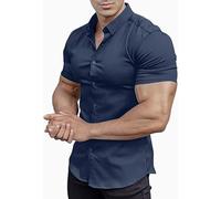 EOUOSS Chemise moulante extensible à manches courtes et boutonnée pour homme, bleu marine, Taille M