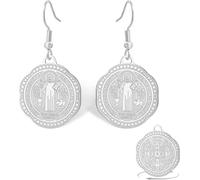 Eouyt Boucles d'oreilles Pendantes médailles Saint Benoît Femme, Croix chrétienne catholique amulette Protection Bible exorcisme, Bijou Religion Pendentif, Argent